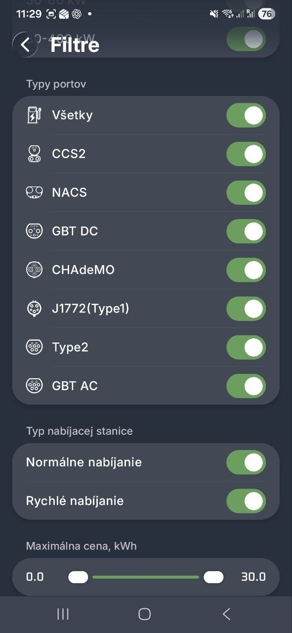 Filtre v aplikácii UGV Chargers